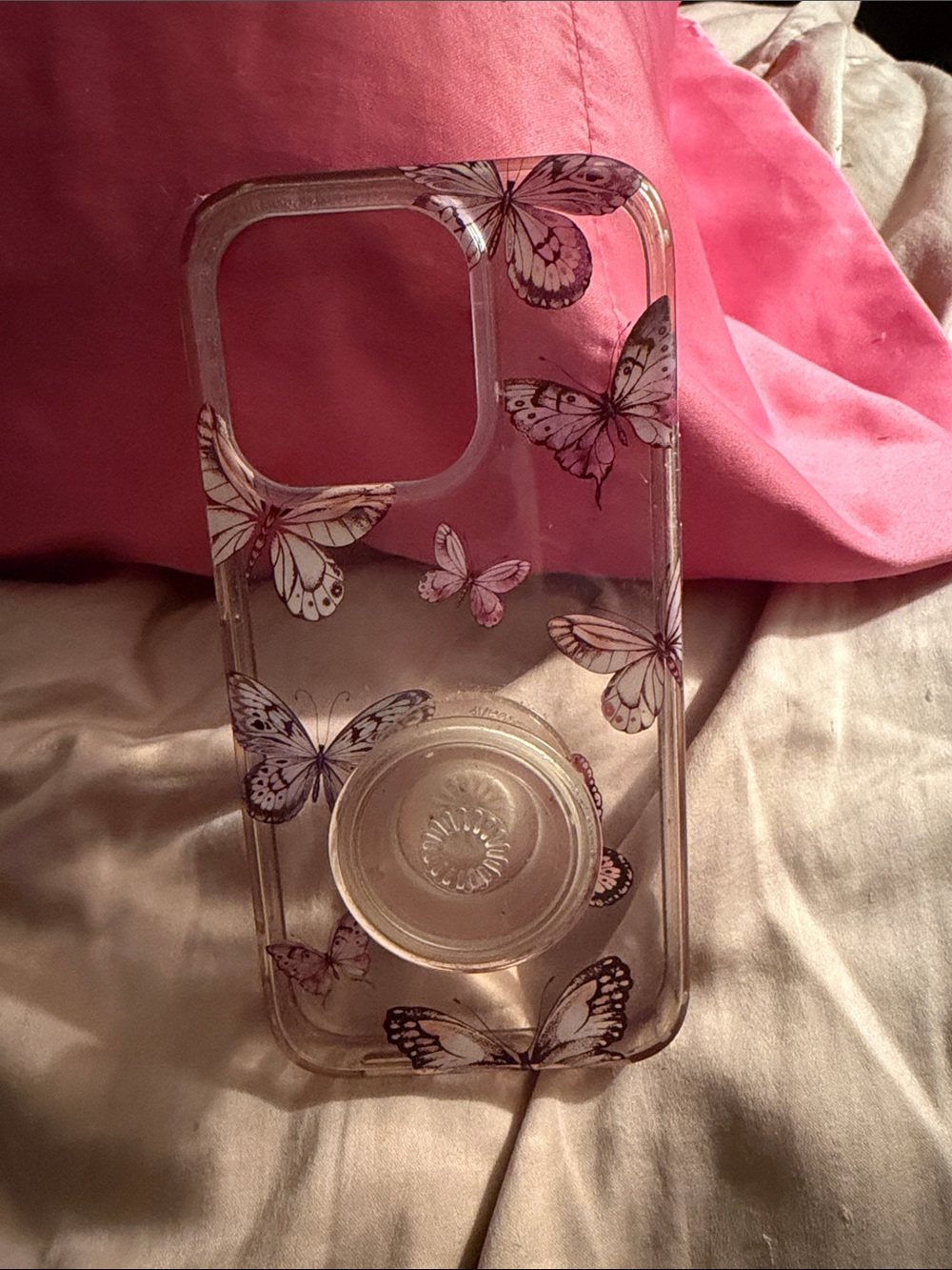 Pink Butterfly Clear Phone Case with popsocket